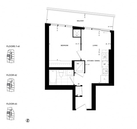 Floor plan for 1 bed, 1 bath, 478 sqft